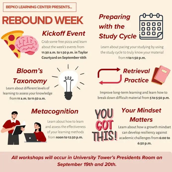 Check out Bepko Learning Center's Rebound Week events next week and come visit us at our table at the Kickoff event on Monday, Sept 18 from 11:30am-1:30pm at Taylor Courtyard!