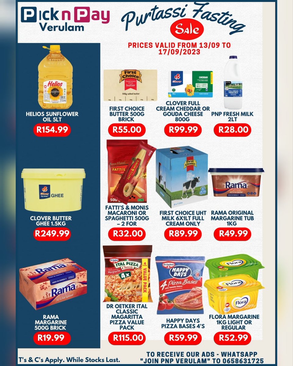 picknpayverulam's tweet photo. 🔴🛒 Purtassi Fasting Sale 🛒🔴 
More massive specials in-store. 
🛒 starts 13/09 until 17/09/2023 🛒

Prices valid whilst stock lasts. Smart shopper card required for certain discounts. 
#picknpay #pnp #pnpverulam #epic #tongaat #verulam #sale #specials #cracker #purtassi https://t.co/ZSlVZjcP3o