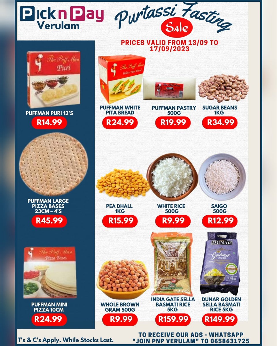 picknpayverulam's tweet photo. 🔴🛒 Purtassi Fasting Sale 🛒🔴 
More massive specials in-store. 
🛒 starts 13/09 until 17/09/2023 🛒

Prices valid whilst stock lasts. Smart shopper card required for certain discounts. 
#picknpay #pnp #pnpverulam #epic #tongaat #verulam #sale #specials #cracker #purtassi https://t.co/ZSlVZjcP3o