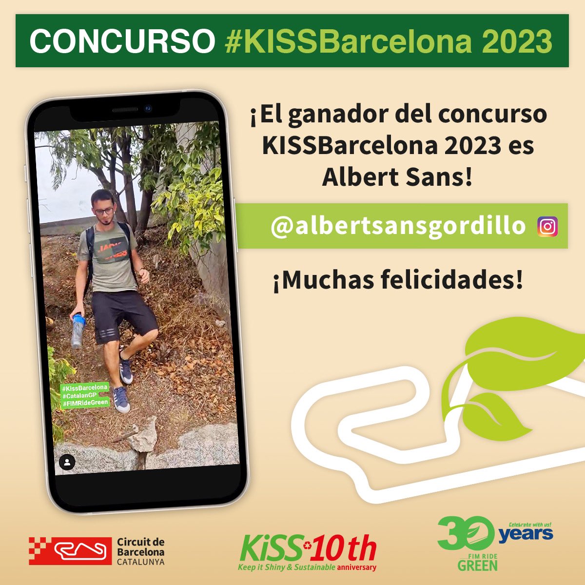 Ya tenemos ganador del concurs #KissBarcelona del #CatalanGP de #MotoGP!

Moltes felicitats Albert, tienes dos entradas de paddock para el próximo Gran Premi! 👏👏👏

#FIMRideGreen