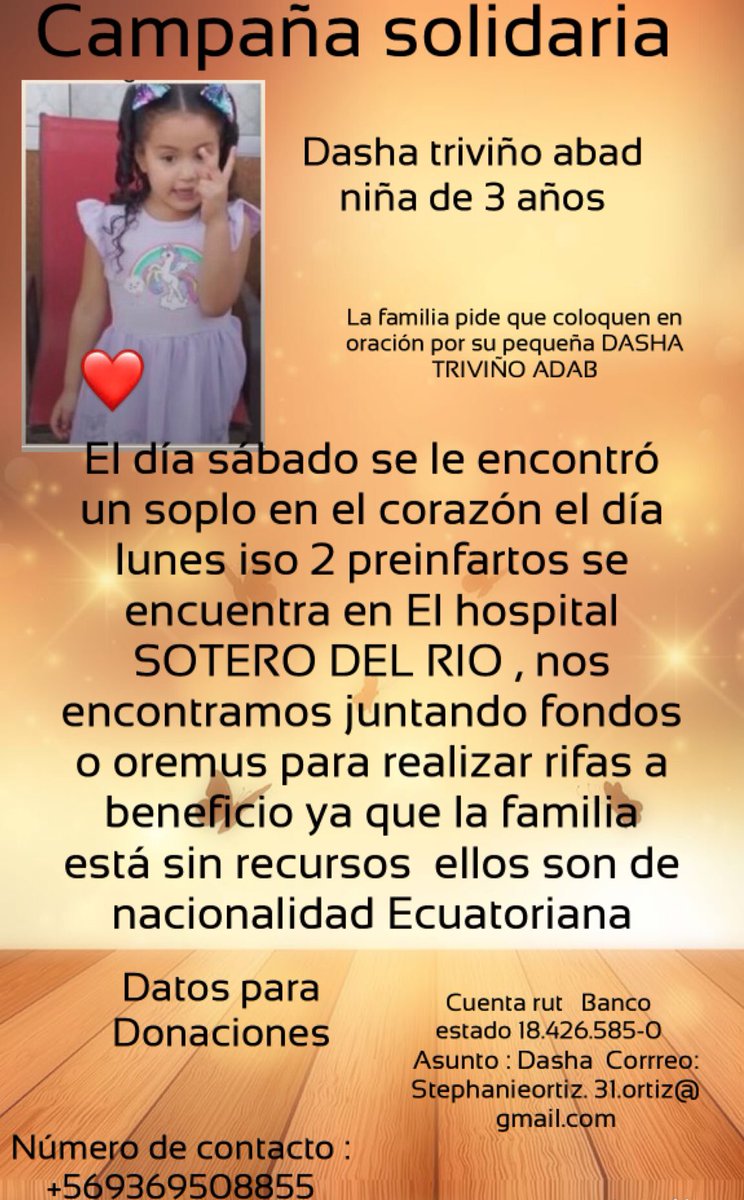 Junto con saludar nos encontramos levantando una campaña de beneficio para Dasha y familia ellos viven en lampa se necesitan premios o donación económica y por favor ante todo colocar en sus oraciones RT y difundir por favor