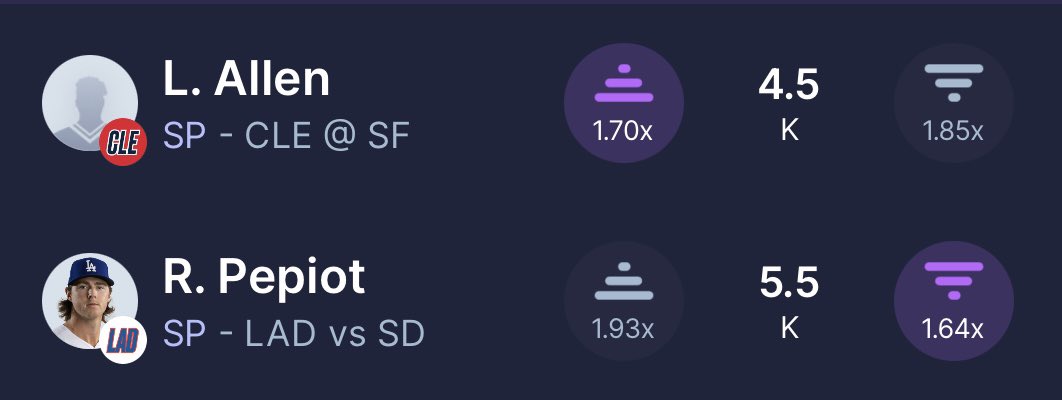 betbigben's tweet photo. 🚨#SleeperPOTD ⚾️

generated by my player props AI ⬇️

Allen / 4.5 Ks / 71% HR
Pepiot / 5.5 / 34% HR

#Sleeper | #MLB https://t.co/UIXYa6r70l