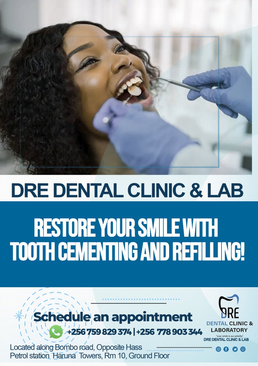 Dredental's tweet photo. Restore Your Smile with Tooth Cementing and Refilling!"
 If you're experiencing tooth sensitivity, gaps, or wear and tear, our tooth cementing and refilling services at can make a world of difference. 
Bombo Rd,Haruna Towers, Ground Flr Rm 10.
+256 759 829 374📷 +256 778 903 344 https://t.co/K2dqRyyxdO