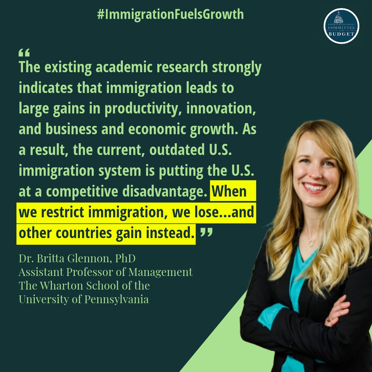 Immigration is integral to America’s future competitiveness. Watch Wharton’s @BrittaGlennon break down how reforming our immigration system can supercharge our economy. budget.senate.gov/hearings/unloc…