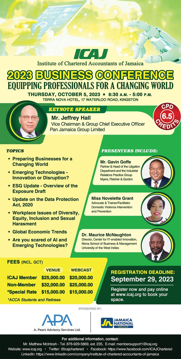 ICAJ (@icajchartered) on Twitter photo Register now for the ICAJ Annual Business Conference!
Register and pay online @ icaj.org; email: membersupport1@icaj.org or call (876) 929-6082 to secure your spot now!
#2023BusinessConference #ICAJ #ICAJEvents #CharteredAccountants Register now for the ICAJ Annual Business Conference!
Register and pay online @ icaj.org; email: membersupport1@icaj.org or call (876) 929-6082 to secure your spot now!
#2023BusinessConference #ICAJ #ICAJEvents #CharteredAccountants