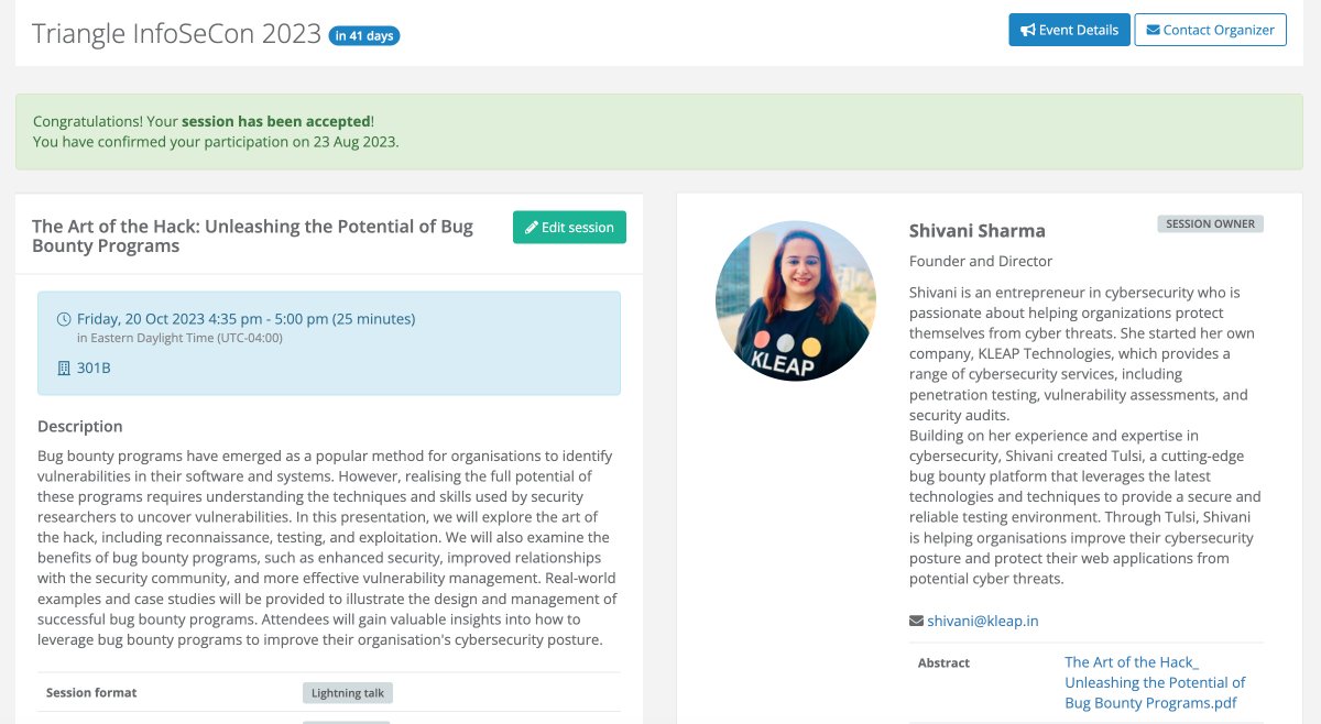 shivanirsharma's tweet photo. Excited to announce that my paper has been selected for #TriangleInfoSeCon by @RaleighISSA  ! Join me on Oct 20 at the Raleigh Convention Center as I discuss bug bounty programs and their role in enhancing security performance. Don't miss out! #InfoSec  
#RaleighISSA https://t.co/EC4ttbwZuD