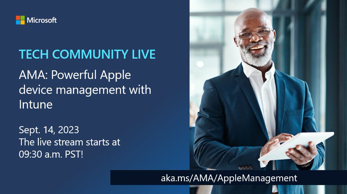 MSIntune's tweet photo. September 14, 9:30 AM PT - Intune can help you more effectively manage all things iOS and macOS. How? Ask Microsoft Anything! 
💻https://t.co/9OxDLDs6z1

#MSIntune #iOS #macOS #TechCommunityLive #AMA https://t.co/ZrPeSDHMsR