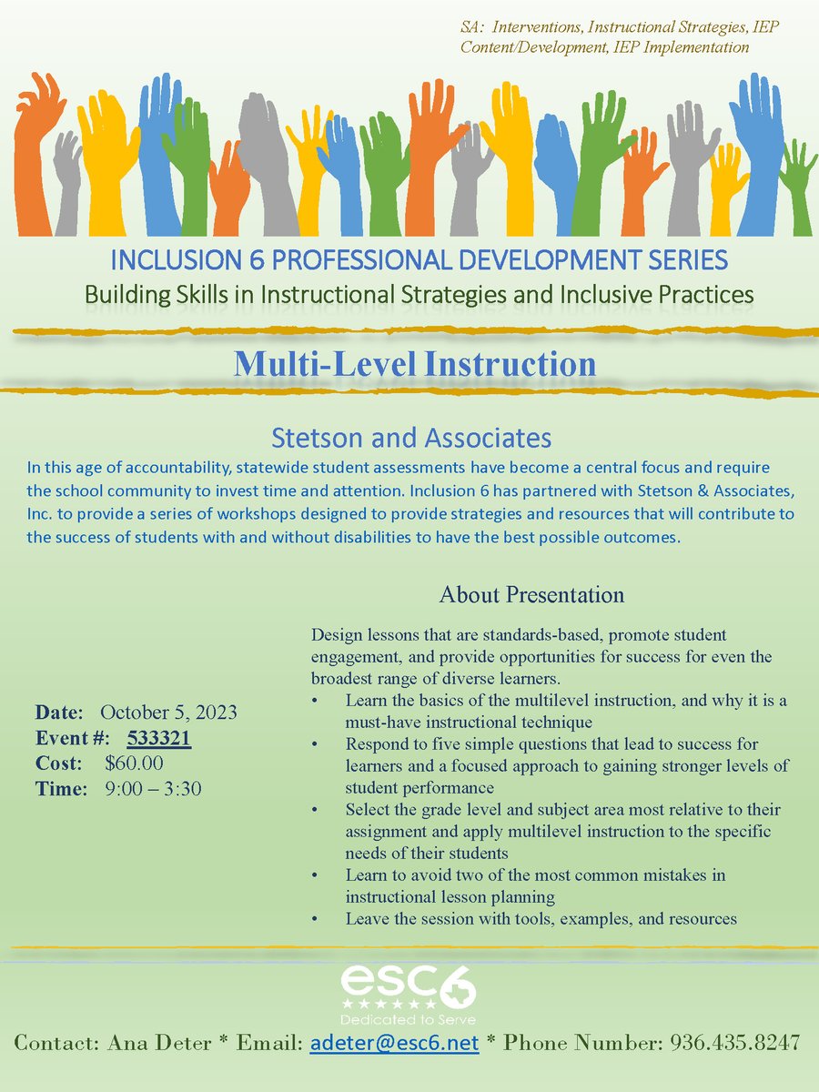 escregion6's tweet photo. Upcoming Event: Inclusion 6 Professional Development Series - Multi-Level Instruction - https://t.co/NcvJFHYm2b https://t.co/pfTab0faqQ