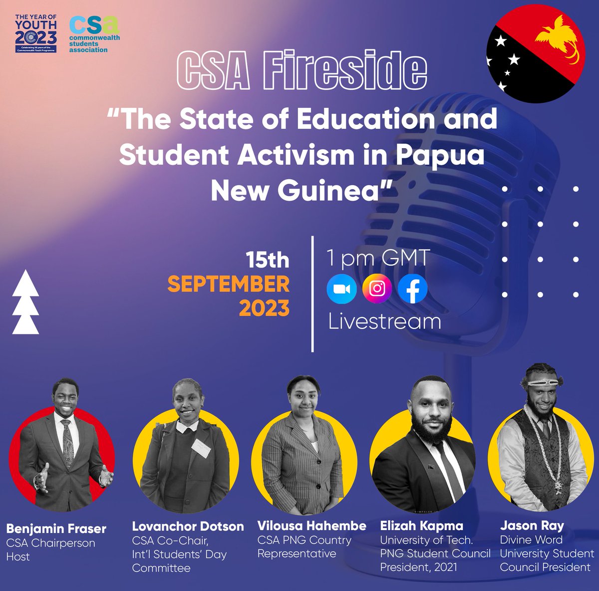 CwealthStudents's tweet photo. 🔥 Introducing CSA Fireside: Igniting Student Leadership! 🔥

Gather 'round our virtual campfire as we embark on a journey through the heart of Papua New Guinea's education landscape and the student activism shaping its future. 🎙️🇵🇬✨ https://t.co/LJDVWrJGWC