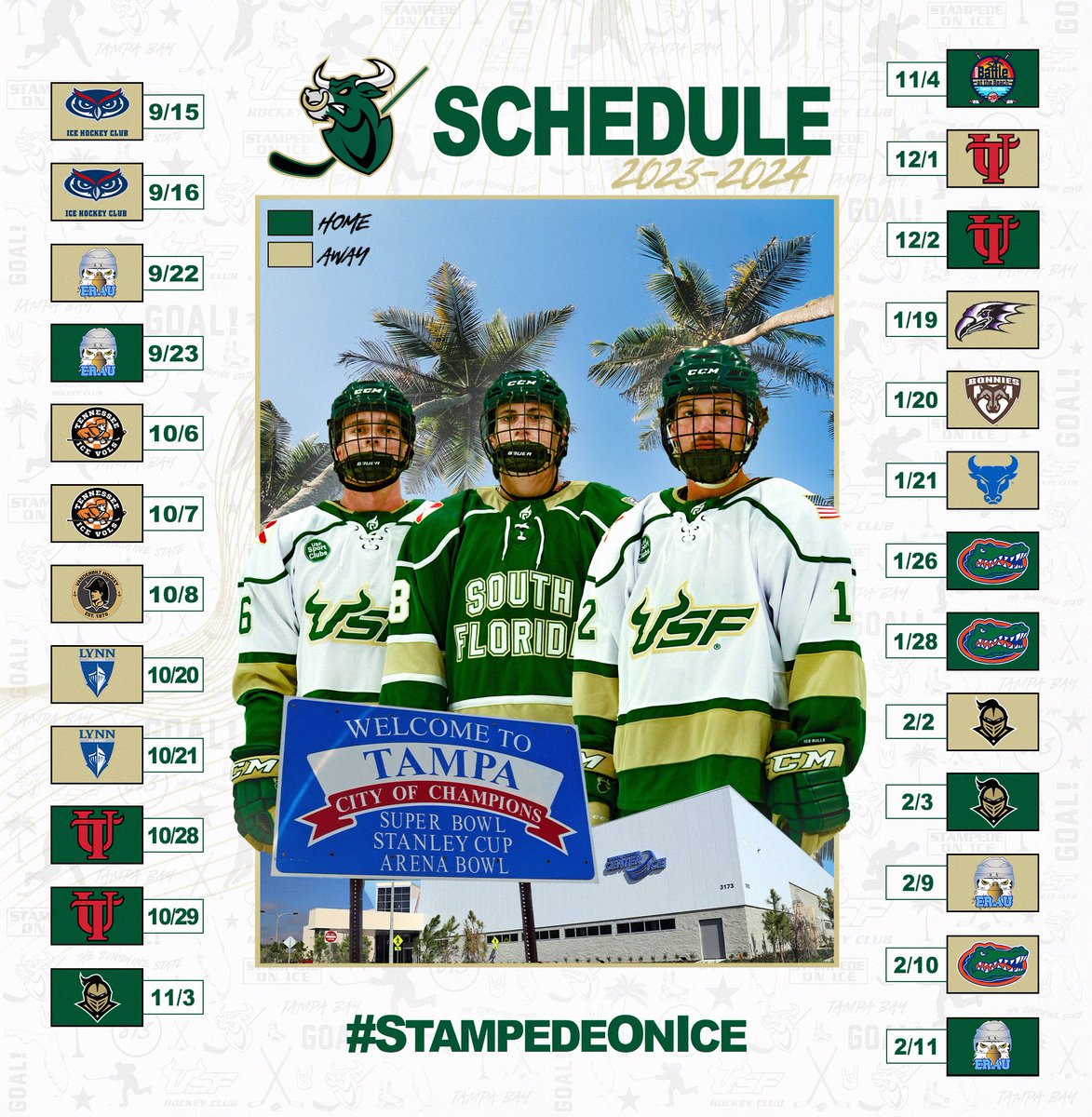 HockeyClubUSF's tweet photo. The updated 2023-2024 𝑰𝒄𝒆 𝑩𝒖𝒍𝒍𝒔 𝑺𝒄𝒉𝒆𝒅𝒖𝒍𝒆!

📍All home games are played at @ahcenterice 

#StampedeOnIce 🏒🤘 https://t.co/IOdp1mijUA