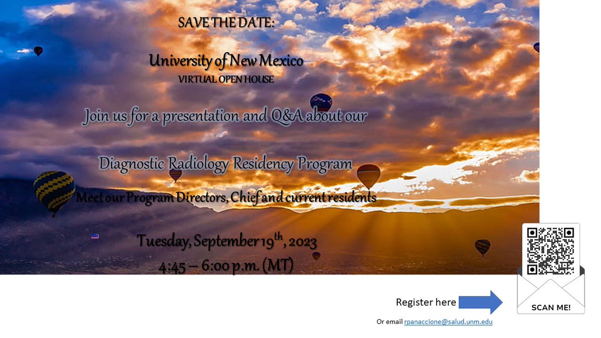"Join us for our University of New Mexico Radiology Virtual Open House 9/19 at 4:45 p.m. Mountain Standard Time!  #futureradres #radres #match2024 #nrmp #DRresidency #radiologist #radiologyresidency #UNMradiology

Register now: app.smartsheet.com/b/form/9964d4d…