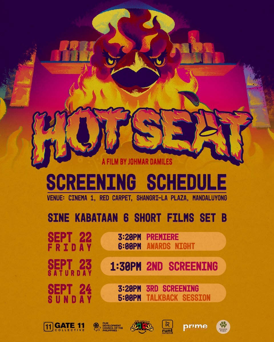 jsdamiles's tweet image. 🔥 NAGBABAGANG BALITA! 🔥

here&apos;s our screening schedule for Hot Seat this coming Sept. 22-24 at Cinema 1, Red Carpet, Shangri-la Plaza, Mandaluyong!  

REG HERE: bit.ly/Sinekab2023

FREE ADMISSION! 🎫

#HotSeatShortFilm #SineKabataan6 #FDCP