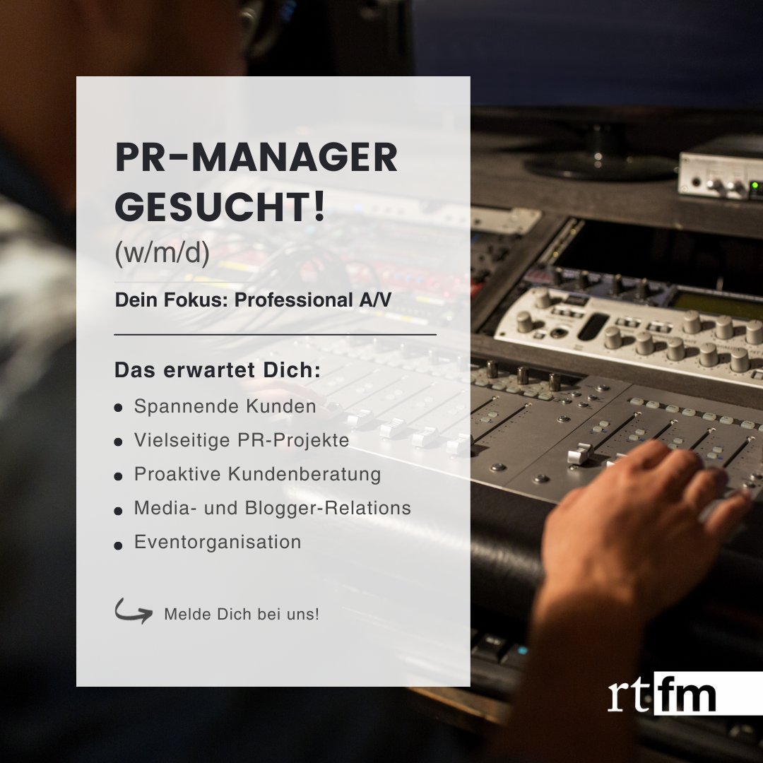 rt_fm's tweet image. Professional A/V ist Deine Leidenschaft? Dann komm in unser Team! 🤝
Als PR-Manager (w/m/d) erwarten Dich spannende Kunden und interessante Projekte.
Mehr Infos unter ➡️ join.com/companies/them…