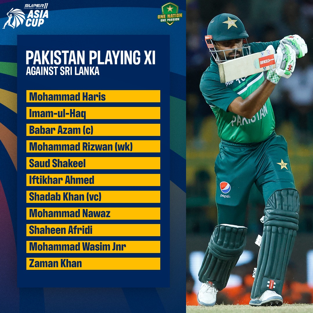 TheRealPCB's tweet photo. Our playing XI for the #PAKvSL match 🇵🇰

#AsiaCup2023 https://t.co/lhT5Vl8RtX