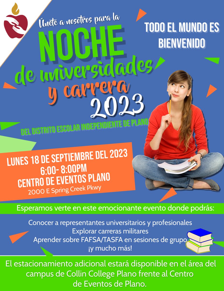 The Plano ISD College &amp; Career Night is almost here! Nearly 200 representatives will be on-site. Learn more about scholarships, financial aid applications &amp; more!
📅Monday, Sept. 18
⏰6-8 PM
📍Plano Event Center
🅿️Overflow parking at Collin College Plano campus.
#LevelUpPlanoISD