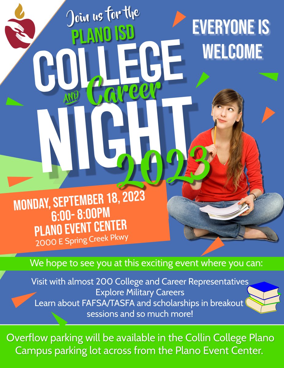 Plano_Schools's tweet image. The Plano ISD College &amp;amp; Career Night is almost here! Nearly 200 representatives will be on-site. Learn more about scholarships, financial aid applications &amp;amp; more!
📅Monday, Sept. 18
⏰6-8 PM
📍Plano Event Center
🅿️Overflow parking at Collin College Plano campus.
#LevelUpPlanoISD
