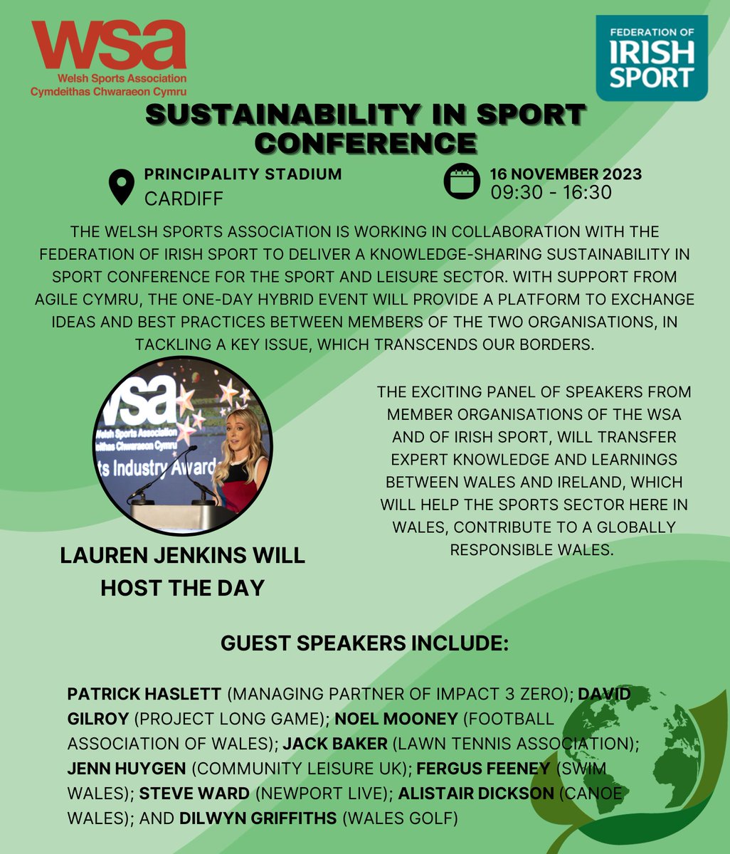 🚨🗣️We're thrilled to reveal the speakers at our Sustainability in Sport Conference, hosted in collaboration with @iresport! Discover more about #WSASiSC and see who'll feature➡️wsa.wales/wsa-announce-s… 🎟️And DON'T miss out... book your place now➡️eventbrite.co.uk/e/wsa-sustaina…