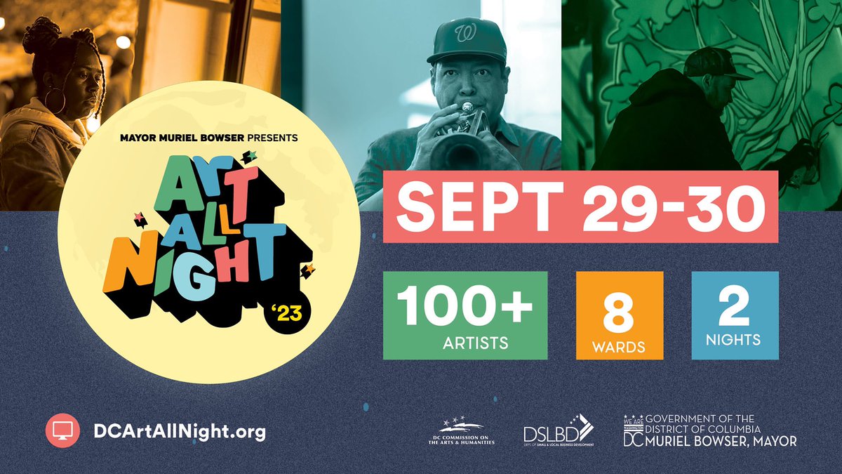 Who’s ready for #ArtAllNight2023? 🖌️🎭🎨 Mark your calendars and discover the power of the arts at DC Art All Night Sept. 29-30! 📌

With activations in all 8 wards, there is more to explore than ever before.  #DCArtAllNight