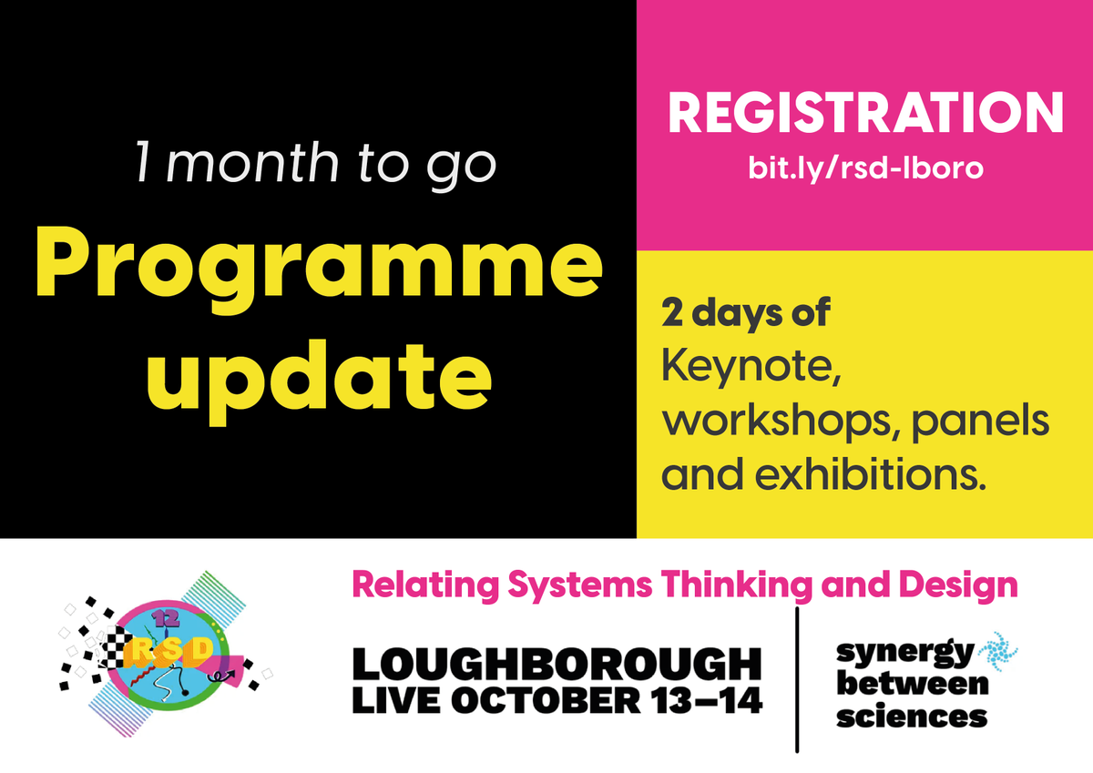 📢 PROGRAMME UPDATE #RSD12 - Loughborough
We are one month away from our #SystemsThinking and Design event, part of @RSDSymposium..
We have updated the programme with all the info.
🎟️Limited tickets from £30: bit.ly/rsd-lboro 
📑Full programme: lnkd.in/et5xzXij