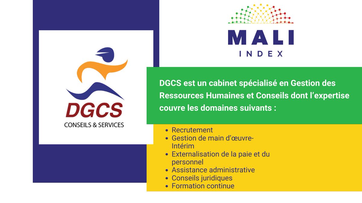Nous vous présentons aujourd'hui une autre entreprise qui est inscrite sur Mali Index. 🇲🇱 Il s'agit de DGCS, une entreprise de conseils et service. 👨🏾‍💼

Afin d'avoir plus de détails, rendez-vous sur notre site : maliindex.com/company/simon/