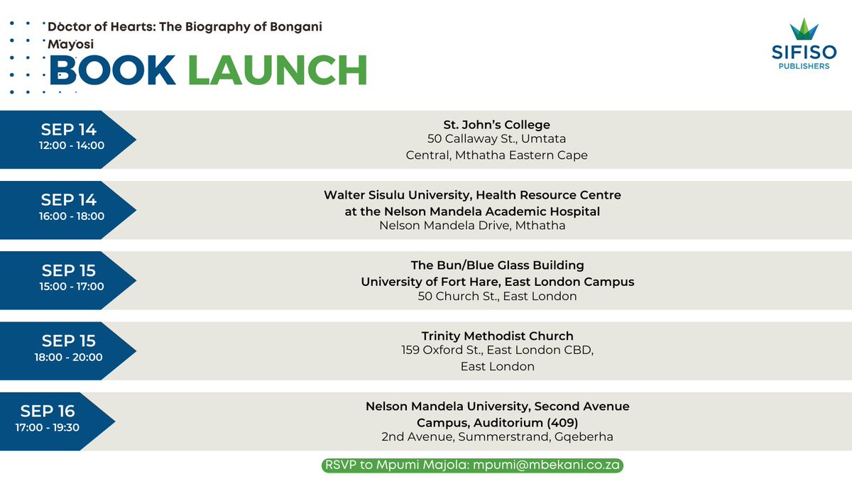 Sifiso Publishers kickstarts the Eastern Cape “Doctor of Hearts” book tour tomorrow in Mthatha! 😍 📚 

Join us as we celebrate the impeccable life of Bongani Mayosi. 🙌 

RSVP to mpumi@mbekani.co.za ✔️ 

See you there!

#DoctorofHearts #BonganiMayosi #EasternCapeBookTour