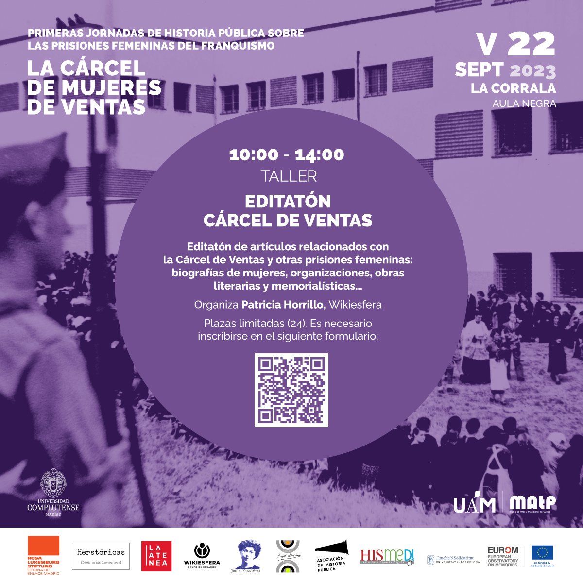 Wikiesfera_org's tweet photo. 💡Desde #Wikiesfera participamos en las jornadas con un #editatón sobre #MemoriaHistórica que coordinará @PatriHorrillo. 
📆 VIERNES 22 de septiembre
⏰ 10:00-14:00 horas
📍Centro Cultural La Corrala [Aula 3]
💻 Necesario TRAER portátil
✏️ INSCRIPCIÓN: https://t.co/gmlVGzkxjp https://t.co/lu12A71FbH