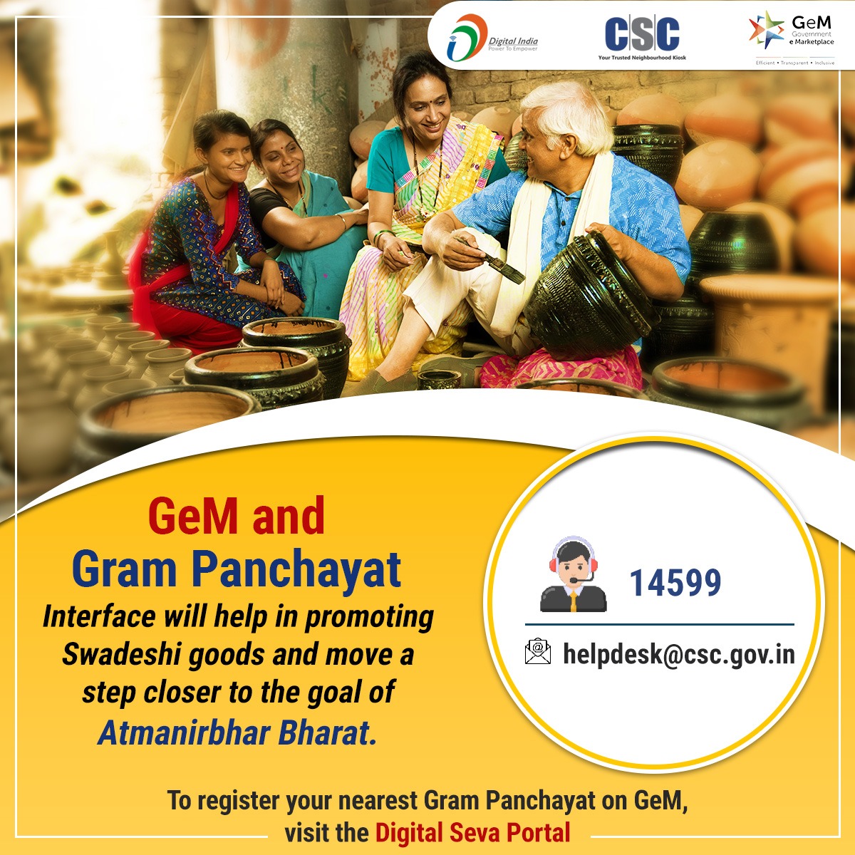 GeM and Gram Panchayat Interface will help in promoting Swadeshi goods and move a step closer to the goal of Atmanirbhar Bharat.

To register your nearest #GramPanchayat on GeM, visit the #DigitalSevaPortal.

#CSC #GeMPortal #CSCSkills #DigitalIndia #RuralEmpowerment #GeM