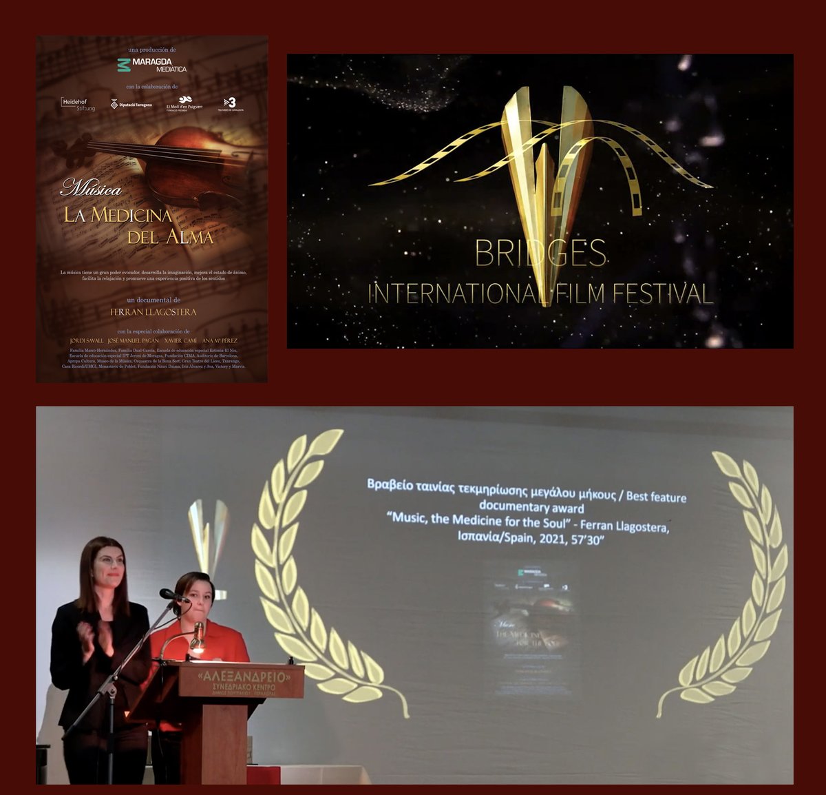 airamina2's tweet photo. Un nuevo galardón internacional para nuestro documental "Música, la Medicina del Alma":
MEJOR  DOCUMENTAL en el Bridges International Film Festival de Grecia.
¡Qué penita no haber podido ir a recogerlo en persona! https://t.co/FzRoJBkdBy