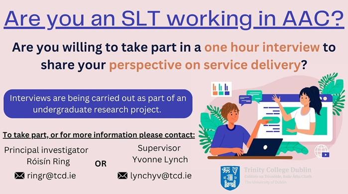 RoisinRing's tweet photo. 📢Are you an SLT working in AAC?📢
I would like to hear your perspective on service delivery as part of my undergraduate research project. ⭐️
Contact myself or my supervisor @Yvonne_M_Lynch via the emails below for more information.
#AAC #Augcom #slpeeps #slt @ClinSpeechTCD https://t.co/gKhlXZ0MLK