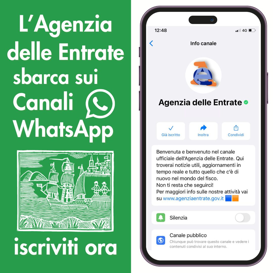 Agenzia_Entrate's tweet image. #WhatsApp? L'Agenzia lancia il proprio #Canale sulla piattaforma di messaggistica. 
Siamo pronti a informarvi sulle più importanti novità fiscali anche via WhatsApp sul nostro Canale ufficiale #AgenziaEntrate. Voi siete pronti a seguirci?
bddy.me/48dVhSv