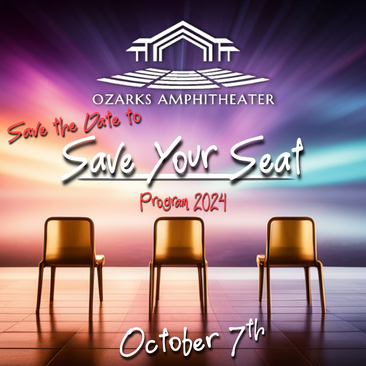 Make sure to save the date to come to our Save Your Seat Program 2024 on Saturday, October 7th! Find your preferred seat at the Ozarks Amphitheater and reserve the right of first refusal to all of our announced shows for the 2024 Season! Stay tuned for pricing and event info
