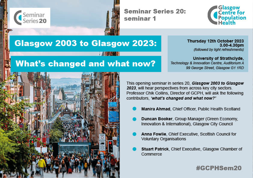 📅 Date for the diary 📅 Opening seminar in our 20th seminar series will take place on Thursday 12th October at the University of Strathclyde, Technology & Innovation Centre from 3pm-4.30pm. Book via this link▶️gcph.co.uk/events/230 #GCPHSem20