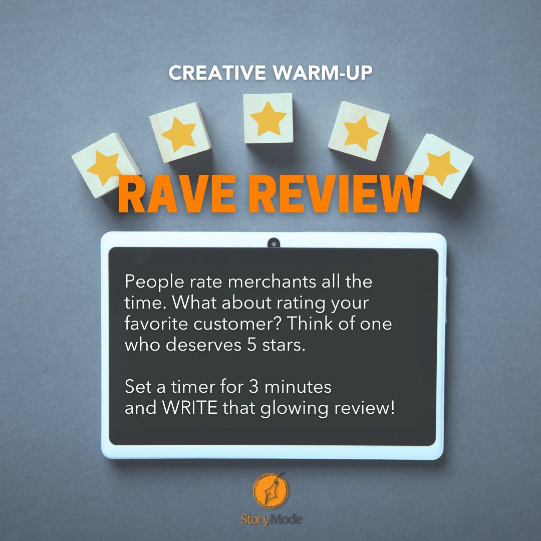 instorymode's tweet image. Think of a customer of yours who deserves 5 stars. Set a timer for 3 minutes and WRITE them a glowing review. In the Story Mode Circle, we use prompts like this to break out of ruts. Join us! #RefuseToBeBoring #GetInStoryMode #creativewarmup instorymode.com/circle-solo/