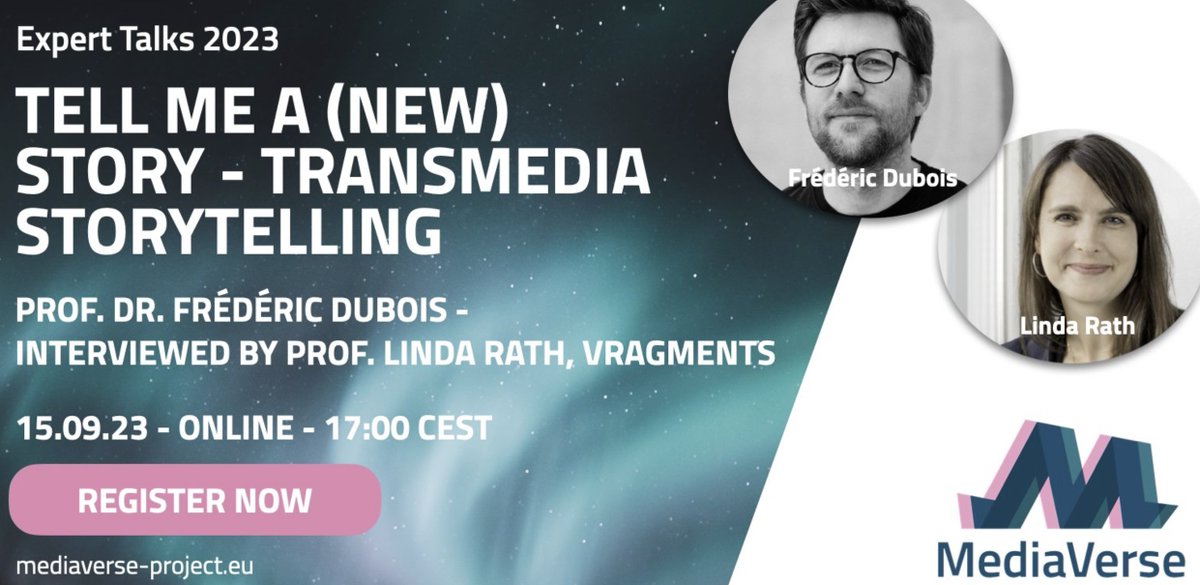 You don't want to miss out on this (free!) #ExpertTalk today, 5pm CEST. 🎤
Linda Rath (<a href="/Lynda420/">Linda Rath</a>) and Frédéric Dubois are going to discuss #TransmediaStorytelling.
Join us and ask all of your #BurningQuestions.
Register: bit.ly/3rdPJa5.