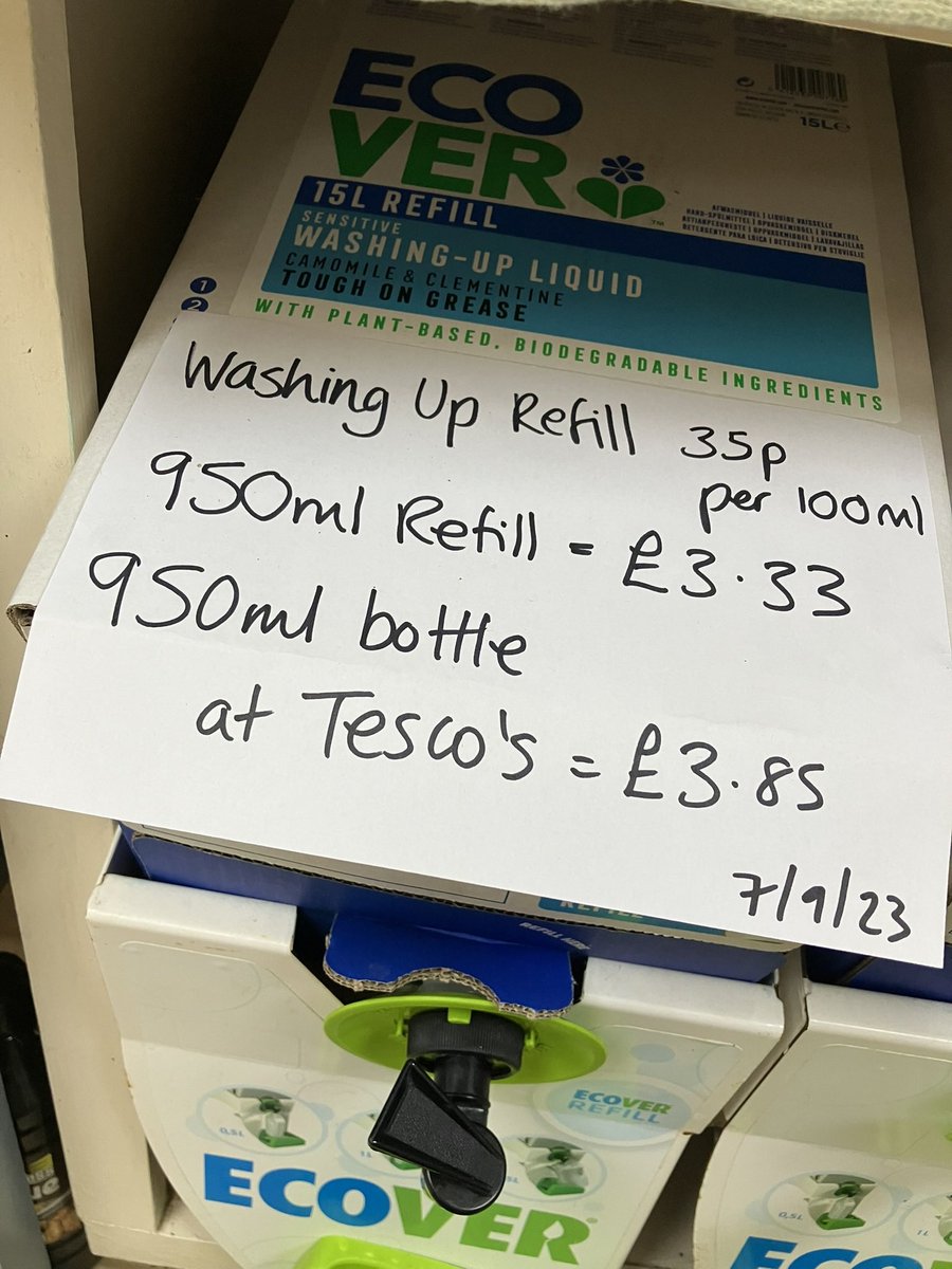 There’s been a lot of discussion recently at the shop about the price of refills so we did the maths and are proud to say it is definitely cheaper to refill your bottles of with us than to buy new at Tescos! We are planning to add new products to our range of refills 😁