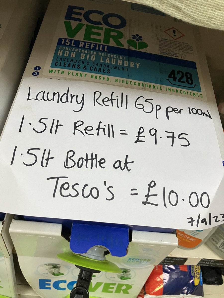 ChiddinglyShop's tweet image. There’s been a lot of discussion recently at the shop about the price of refills so we did the maths and are proud to say it is definitely cheaper to refill your bottles of with us than to buy new at Tescos! We are planning to add new products to our range of refills 😁