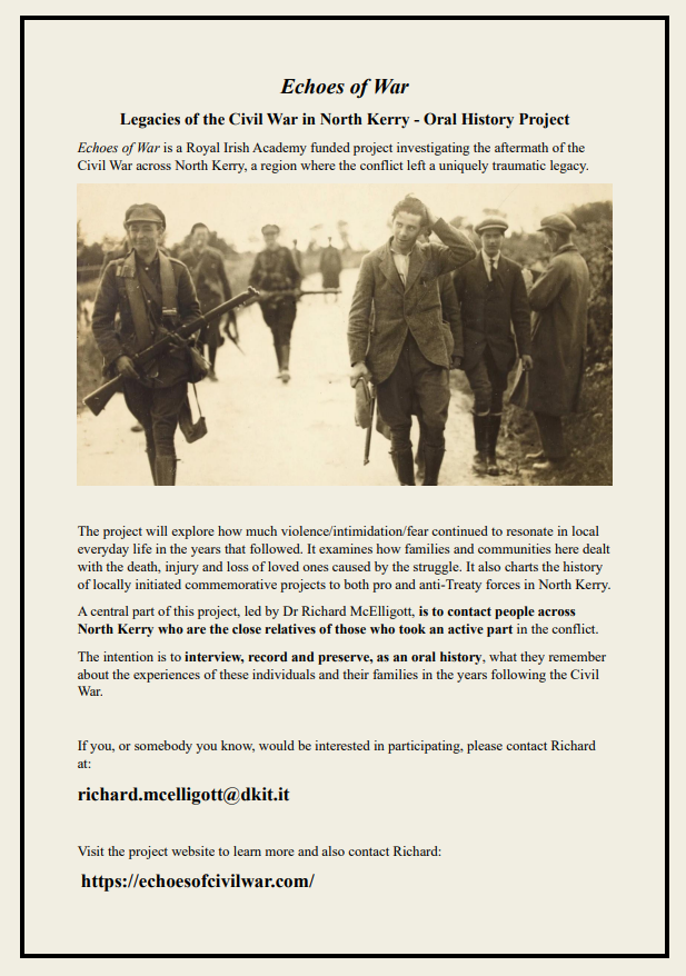 #Echoesofwar is a new project by <a href="/RichardMcELL/">Richard McElligott</a> exploring the legacy of #IrishcivilWar across North Kerry. Richard is looking to interview relatives of those who took part to preserve the oral history of their experiences. If interested please get in touch echoesofcivilwar.com/contact-us/