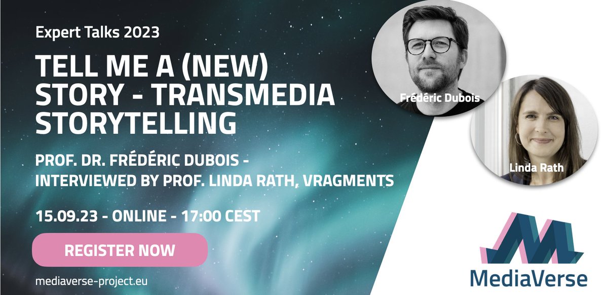 Join our #ExpertTalk tomorrow, where Linda Rath (<a href="/Lynda420/">Linda Rath</a>) of <a href="/Vragments/">Vragments</a> and Prof. Dr. Frédéric Dubois (Internationale Filmschule Köln) engage in a conversation about #immersive &amp; #transmedia #storytelling.
Sign up for free: tinyurl.com/2mty87sm