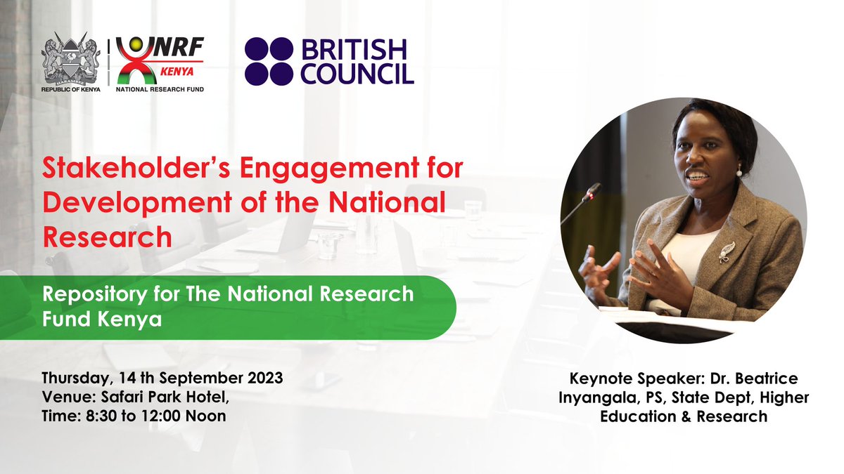 nrfkenya's tweet photo. @nrfkenya in partnership with @BritishCouncil will host a consultative workshop on 14th Sept 2023 in Nairobi with key stakeholders to discuss the proposed National Research Repository that focus specifically on water, land, energy, food security and agriculture. https://t.co/WSi8N7NK4P