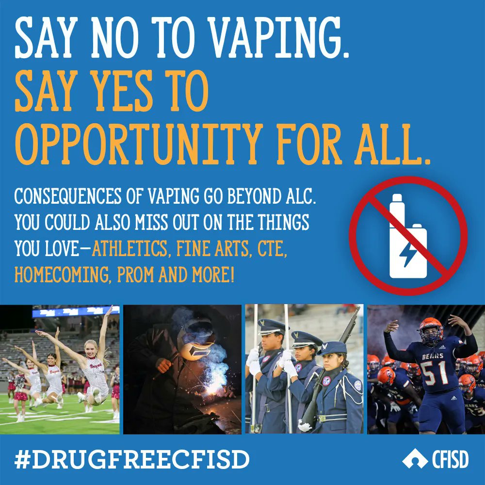 Say no to vaping -- say yes to Opportunity for All! 

New legislation (HB 114) mandates students possessing an e-cigarette or vape device at school receive a discipline consequence at the District’s Alternative Learning Center (ALC). 

cfisd.net/drugfree #DrugFreeCFISD