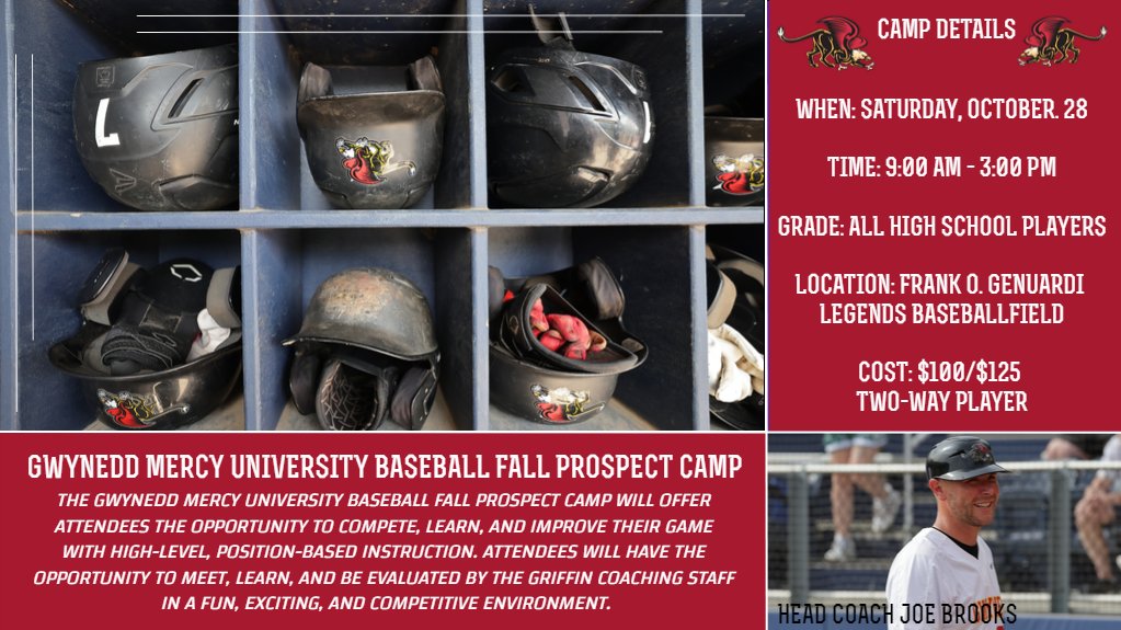 GwyneddSports's tweet photo. @GwyneddMercyBSB Head Baseball Coach Joe Brooks is pleased to announce that the Griffins will host a Fall Prospect Camp on Saturday, October 28. Please visit https://t.co/KpBk1txwq5 to register today! #GoGriffins https://t.co/Mm9QQPsABZ