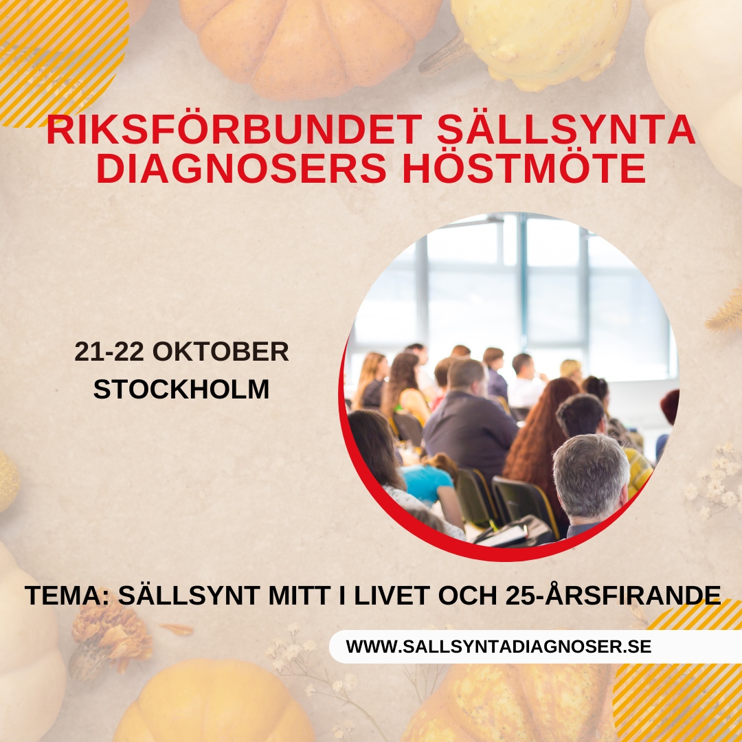 Välkommen till Sällsynta diagnosers fysiska Höstmöte, helgen helgen 21-22 oktober!

Riksförbundet bjuder in två personer per medlemsorganisation + tio 10 personer från Fria Gruppen.

Sista anmälningsdag är 18 september!

Anmälan och mer info: sallsyntadiagnoser.se/medlem/hostmot…