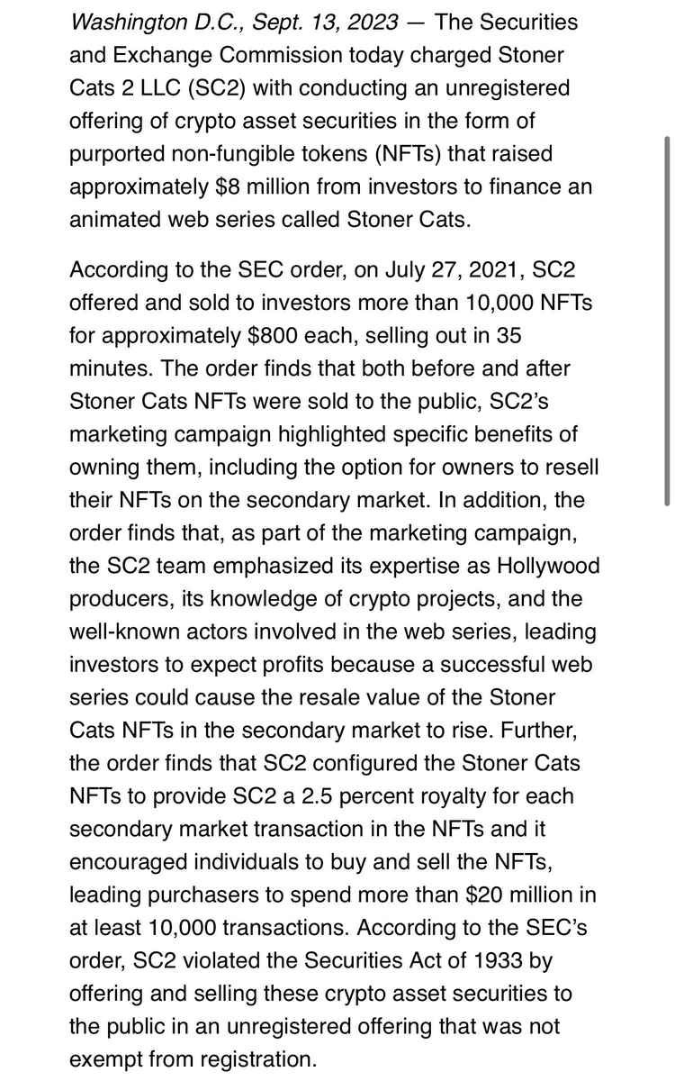 coinbilly's tweet photo. Stoner Cats NFT was charged by the SEC today.

Crazy to see such vague language used when describing what they did wrong. So many collections fall under this and many worse.

Makes me grateful that @slimjimstudios always made us promise nothing but the art at @RNDMCHARACTERS https://t.co/Kq4MDl27jP