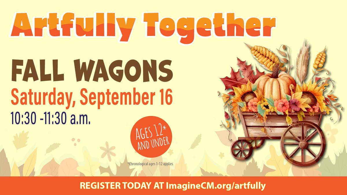 Let's get crafty this fall! 🍁 Join forces with your little one to make your own decorative Fall Wagon this Saturday! Saturday, September 16 10:30 - 11:30 a.m. Ages 12* and under *Chronological age applies Register today! ow.ly/OEoP50PKNIr