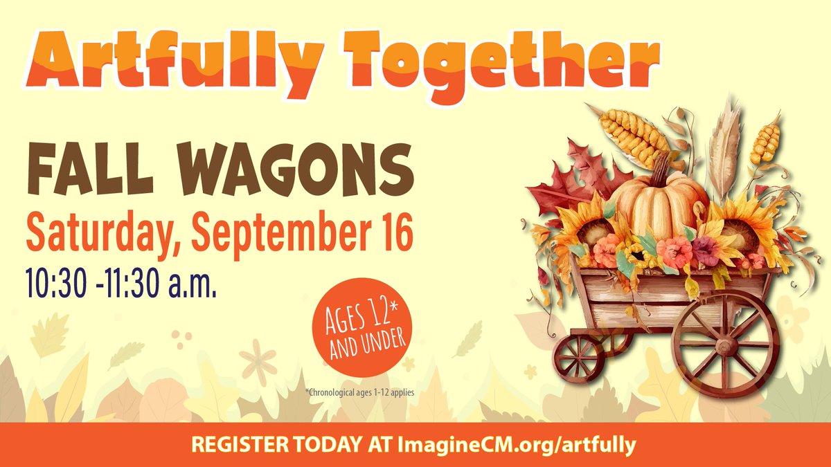 Let's get crafty this fall! 🍁 Join forces with your little one to make your own decorative Fall Wagon this Saturday!

Saturday, September 16
10:30 - 11:30 a.m.

Ages 12* and under
*Chronological age applies

Register today!
ow.ly/OEoP50PKNIr