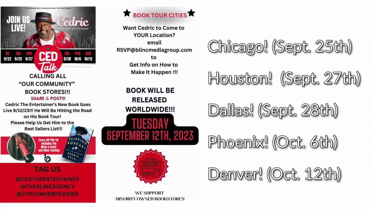 CyrusWebb's tweet photo. Chicago! Houston! Dallas! Phoenix! Denver!
Get ready for your #CedTalk with @CedEntertainer as he discusses his debut novel #FlippingBoxcars.
Ticket information can be found at https://t.co/gxXfJ7famQ
#booktour #booklovers #chicagoil #dallastx https://t.co/cnbj3FRCK8