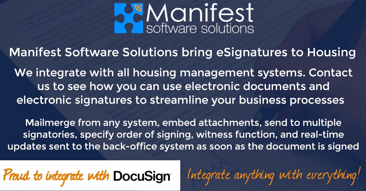 Perfect for integrating electronic tenancy agreements, rechargeable repairs and arrears agreements into any Housing Management System.  #HousingManagement #ManifestSoft #SystemsIntegration