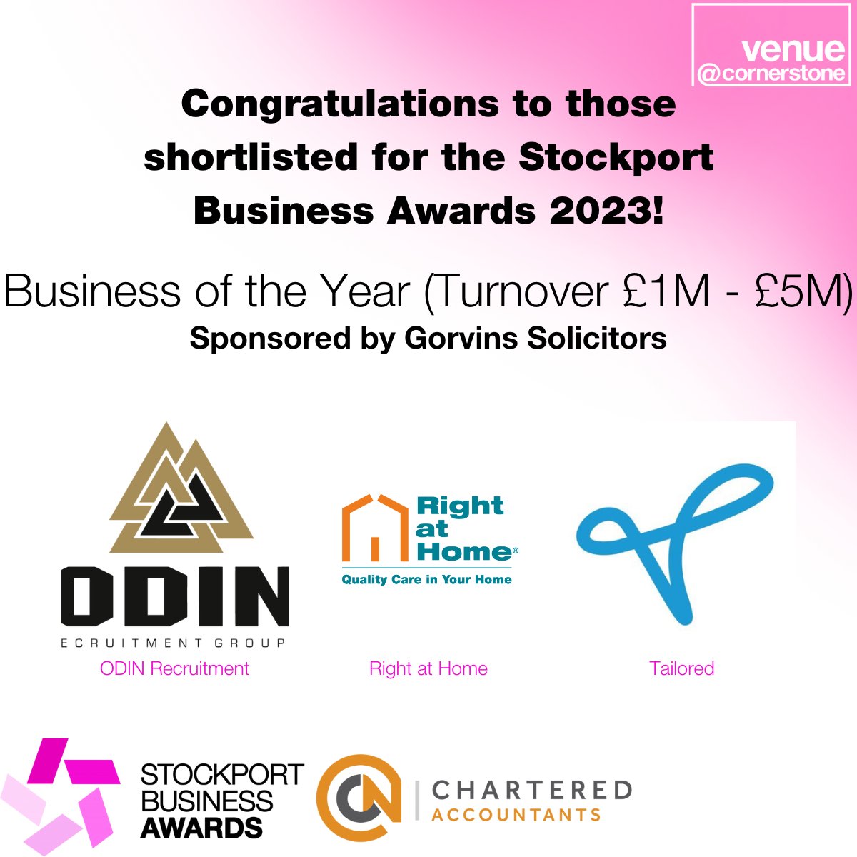 Venue at Cornerstone (@cornerstoneshg) on Twitter photo Today's #StockportBusinessAwards category we are celebrating is Business of the Year (Turnover between £1M - £5M), sponsored by <a href="/Gorvins/">Gorvins Solicitors</a>
Congratulations <a href="/Tailored_Sites/">Tailored Sites</a>, <a href="/RightatHomeUK/">Right at Home UK</a> & <a href="/OdinRec/">ODIN Recruitment</a>
Good luck!
#SupportingStockport #CelebratingStockport #StockportBusinesses Today's #StockportBusinessAwards category we are celebrating is Business of the Year (Turnover between £1M - £5M), sponsored by <a href="/Gorvins/">Gorvins Solicitors</a>
Congratulations <a href="/Tailored_Sites/">Tailored Sites</a>, <a href="/RightatHomeUK/">Right at Home UK</a> & <a href="/OdinRec/">ODIN Recruitment</a>
Good luck!
#SupportingStockport #CelebratingStockport #StockportBusinesses