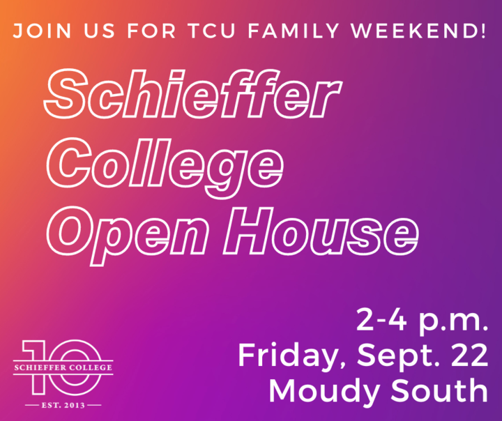 TCUSchieffer's tweet photo. Join us from 2-4 p.m. next Friday, Sept. 22 in Moudy South for our Schieffer College Open House for the #TCUFamilyWeekend festivities. See our multimedia newsroom. Visit our advertising and public relations agency. Check out our special effects studio and our video editing lab. https://t.co/4SsxDP5WOw