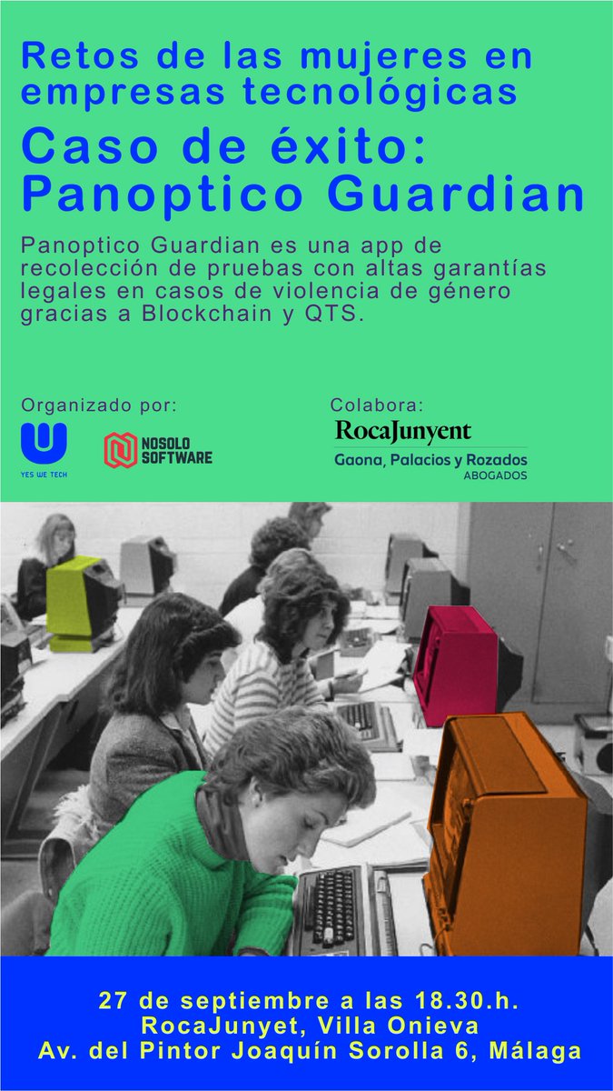 ¡Próximo evento el 27 de septiembre!
Escucharemos, de la mano de sus creadoras (<a href="/nosolosoftware/">@nosolosoftware</a>), el caso de éxito de Panoptico Guardian, la plataforma probatoria para situaciones de violencia de género.

Podéis apuntaros aquí: docs.google.com/forms/d/e/1FAI…